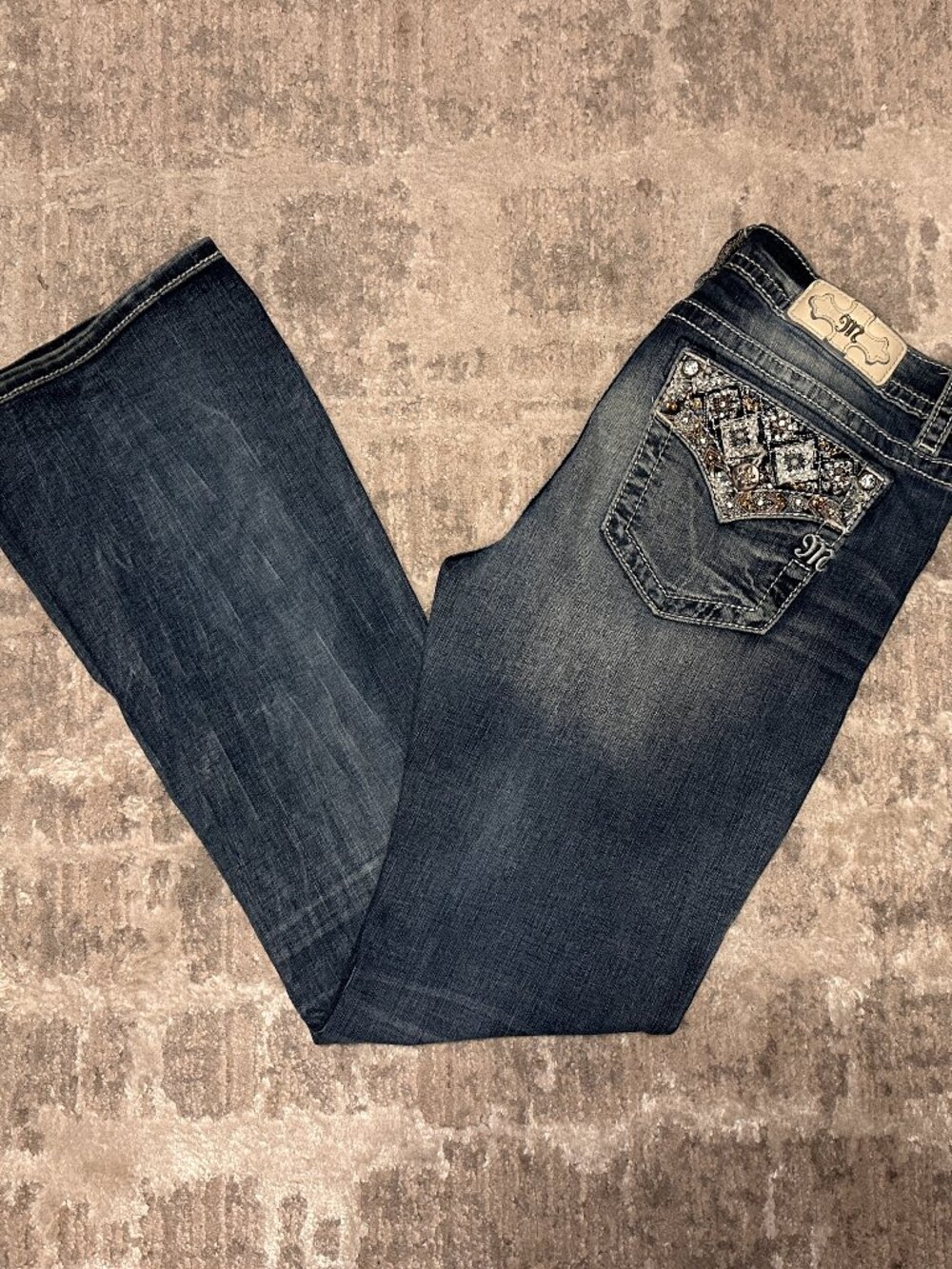 Y2K VTG Miss Me Bling Flap Pocket Low Rise Bootcut Stretch Jeans Womens 31 x 34